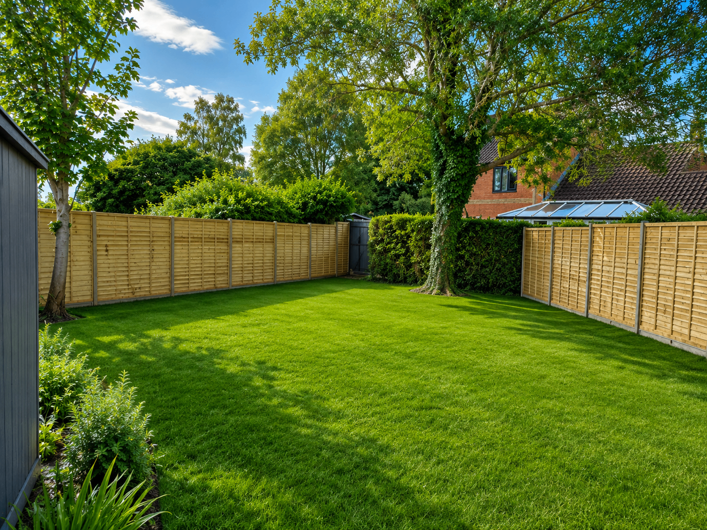 Private fenced garden with lawn and trees