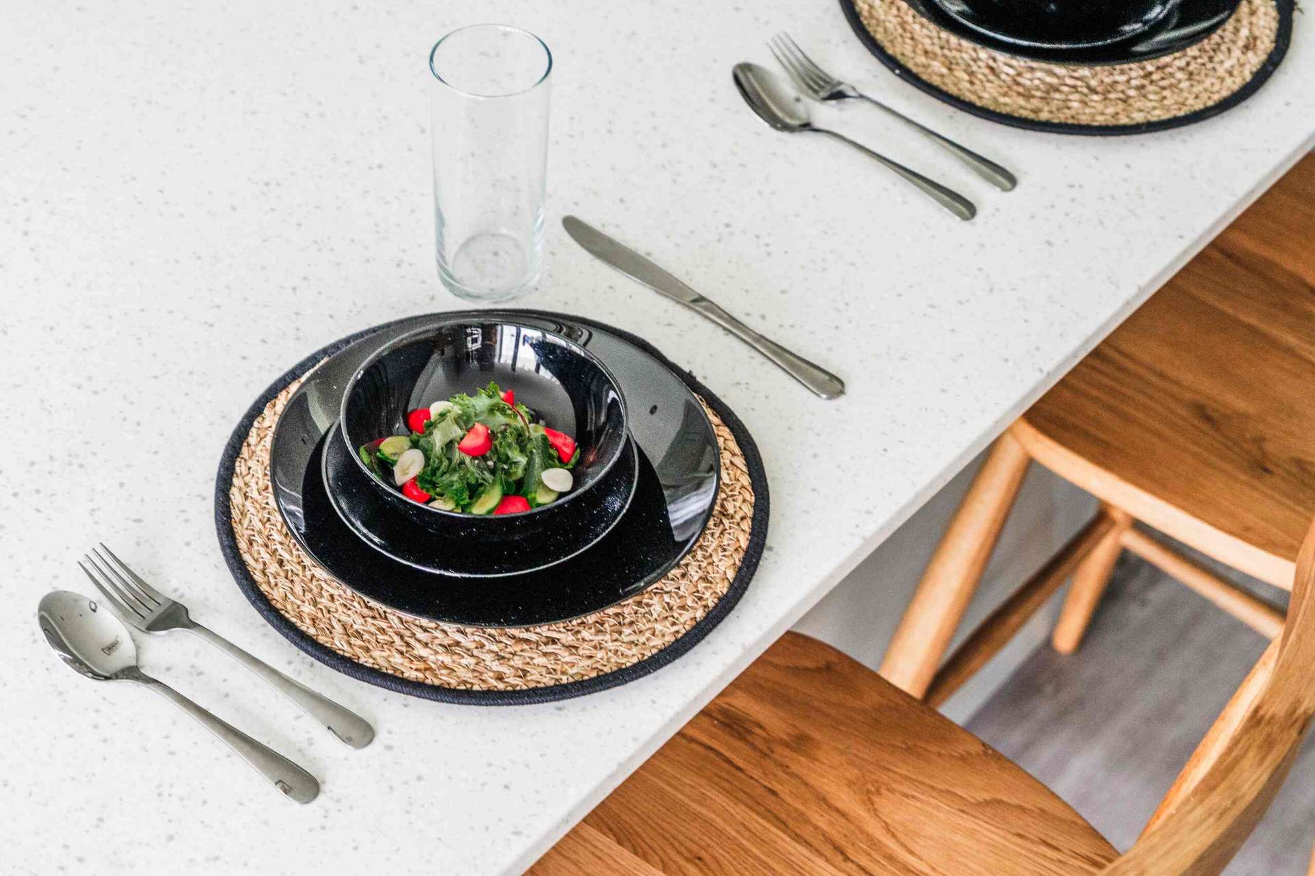 Kitchen counter styled for dining